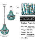 Blue Wood Beaded Chandelier With Boho Vibes, Modern Farmhouse Pendant Light dimensions and material details