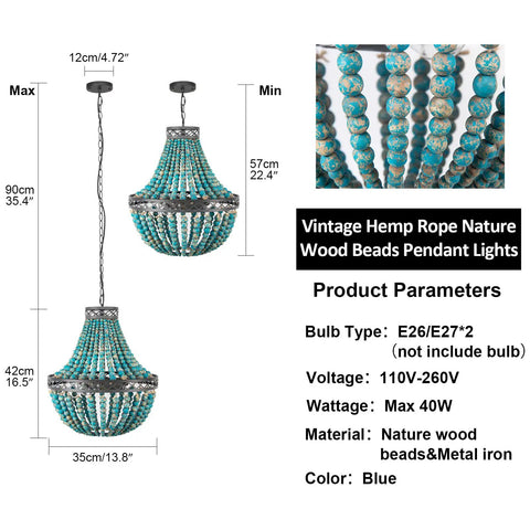 Blue Wood Beaded Chandelier With Boho Vibes, Modern Farmhouse Pendant Light dimensions and material details
