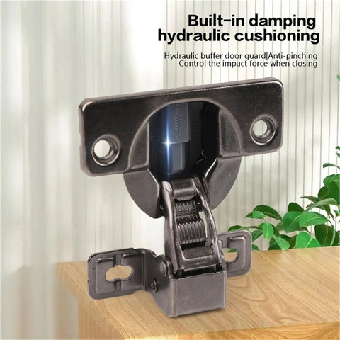 Close-up of concealed soft close cabinet hinges featuring short throw arms and hydraulic damping for tight furniture frames.
