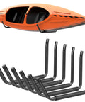 Top Shelf Badass Kayak Wall Mount Rack For Garage Storage displaying orange kayak securely mounted on sturdy steel hooks.