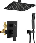 Matte Black Ceiling Mounted Rain Shower System With 12 Inch Square Rain Shower Head And Handheld Shower Brass Fixtures Includes Rough In Valve Body And Trim 59 Inch Hose Seven Point Nine Inch Shower Arm Easy Install