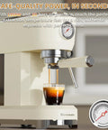 Home Barista Espresso Machine Generating Solid 20 Bar Pressure, Instant Heat Activation, Adjustable Steam Wand Crafting Hella Silky Latte Art, 42 Oz Tank, Cream brewing rich espresso with perfect crema in glass.
