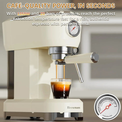 Home Barista Espresso Machine Generating Solid 20 Bar Pressure, Instant Heat Activation, Adjustable Steam Wand Crafting Hella Silky Latte Art, 42 Oz Tank, Cream brewing rich espresso with perfect crema in glass.