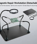 Versatile Soldering Station With 5X Magnifying Glass, Magnetic Helping Hand And 4 Flexible Arms For Soldering, Assembly, And PCB Repair displayed