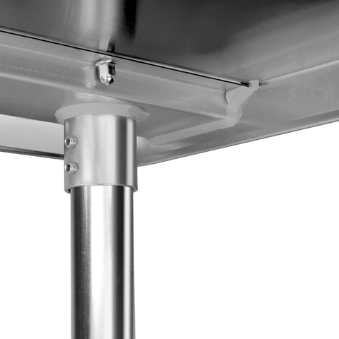 Close-up of No Brainer Stainless Steel Workbench With Backsplash 24 By 30 Inches NSF Certified Durable legs and support structure.