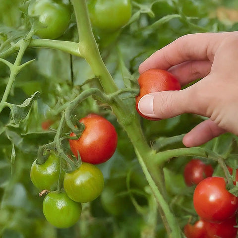 Hand picking tomatoes in the All In One Plant Growing Kit for Indoor Garden With 60 Plus Varieties Including Basil Lettuce Tomatoes And Strawberries Recyclable Cups Soil Included Easy Setup Perfect Starter For Home Gardeners