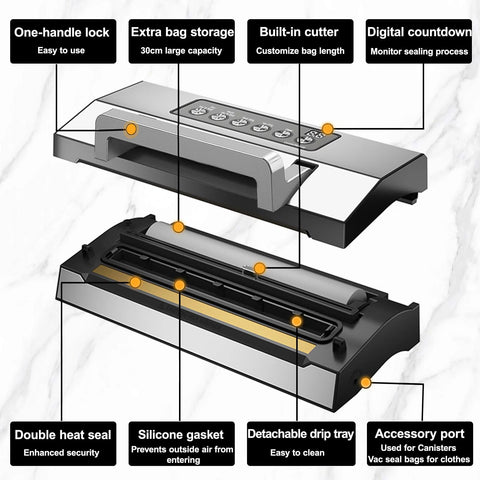Kitchen vacuum sealer with double heat seal, built-in cutter, bag storage; silver-black, 2 bag rolls and hose.