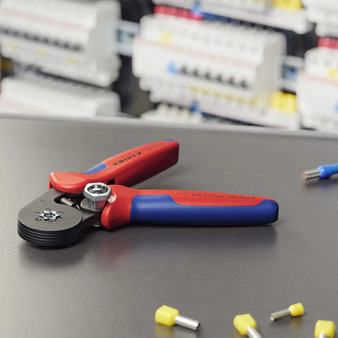 Self-Adjusting Crimping Pliers for End Sleeves and Ferrules, Hexagonal Crimp for Confined Spaces Up to 10 mm2, shown on a workbench