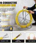 Heavy Duty Pro Grade Fiberglass Fish Tape 656 Ft Duct Rodder Wire Puller With Steel Reel Stand For Walls And Electrical Conduit Built To Last Ultra Flexible High Tensile Fiberglass Rod Easy Through Tight Bends With 13 Inch Minimum Radius, non-conductive reel