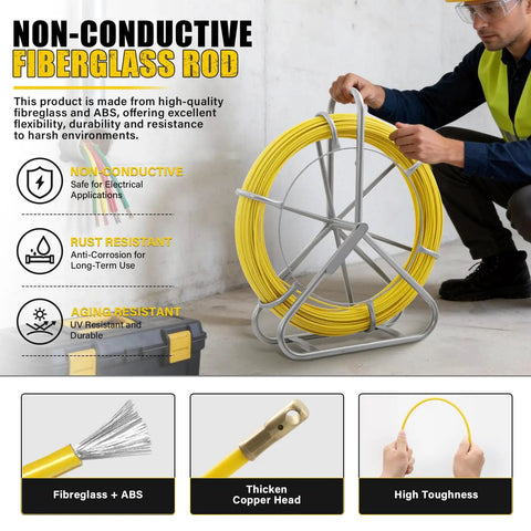 Heavy Duty Pro Grade Fiberglass Fish Tape 656 Ft Duct Rodder Wire Puller With Steel Reel Stand For Walls And Electrical Conduit Built To Last Ultra Flexible High Tensile Fiberglass Rod Easy Through Tight Bends With 13 Inch Minimum Radius, non-conductive reel