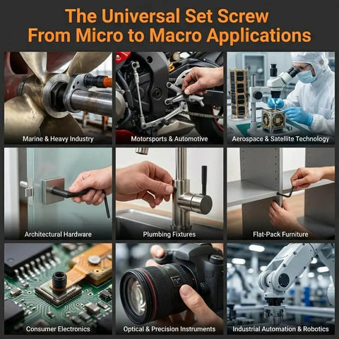 360 Piece Screws Set With 32 Sizes Metric And SAE 12.9 Alloy Steel Hex Socket Grub Screws And Allen Keys For Door Handles Bathroom Fixtures Knobs And Machinery Pro Grade Heavy Duty Kit shown across various applications including marine, automotive, aerospace, plumbing, furniture, and robotics.