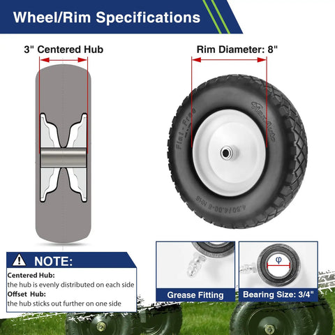 Diagram showing 4.80/4.00-8 flat free tire and wheel with grease fitting, 3 inch centered hub, 3/4 inch bearings, for hand trucks