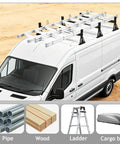 Heavy Duty Van Ladder Rack With Side Rollers And Cargo End Stops For Ford Transit Nissan Vans, mounted on a white van's roof.