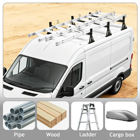 Heavy Duty Van Ladder Rack With Side Rollers And Cargo End Stops For Ford Transit Nissan Vans, mounted on a white van's roof.