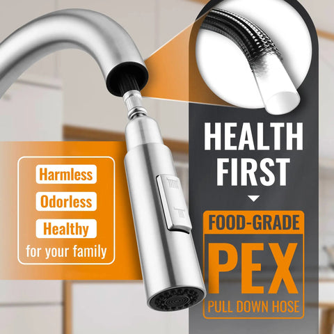 Pull Down Kitchen Faucet With Brushed Nickel Finish, Single Handle High Arc Swan Neck featuring food-grade PEX pull down hose