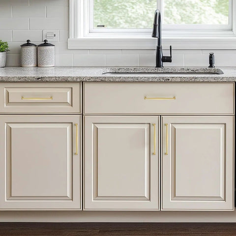 Kickass Brushed Gold Cabinet Handles And Drawer Pulls Made From Solid Zinc Alloy on light kitchen cabinetry with granite countertop