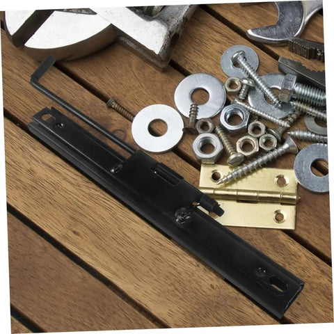 Black Seat Slider Track Set For Bucket Seats No Hassle Install Sliding Rails Mounting Frame with assorted hardware on a wooden surface