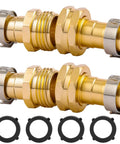 Garden Hose Repair Kit With Clamps, 2 Set, Aluminum Copper-Look Connectors For 3/4 Inch Or 5/8 Inch Fittings, Includes 4 Clamps, 2 Male And 2 Female Connectors, Easy Fix For Leaks displayed side by side.