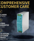 Heavy Duty Din Rail Power Supply Pushing 120 Watts At 24 Volts And 5 Amps, featuring global guarantee and customer service details.