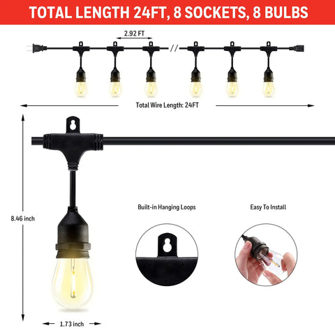 Diagram of total length and features of 48 Foot LED Color Changing String Lights With Remote Linkable Indoor Outdoor Patio Lighting Water Resistant Commercial Grade 15 Plastic E26 Bulbs Create Cafe Ambience In Your Backyard For Parties And Chill Evenings showing 24ft, 8 sockets, 8 bulbs.