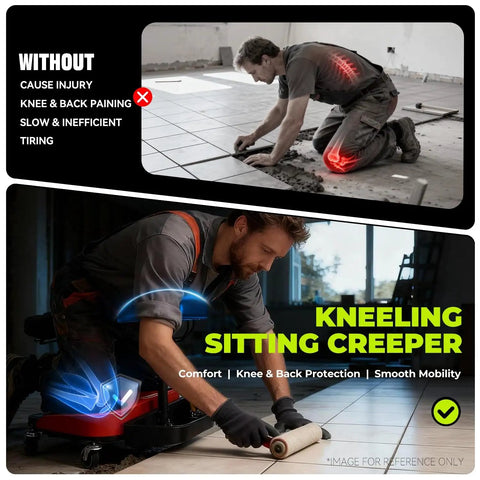 Person using kneeling sitting creeper with seat and chest support, highlighting comfort and mobility for tile work