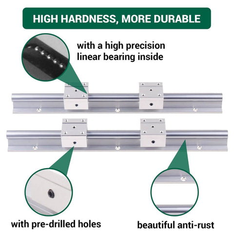 CHUANGNENG SBR20 2200mm linear rails (2) with four SBR20UU bearing blocks; rails, pre-drilled holes, anti-rust finish