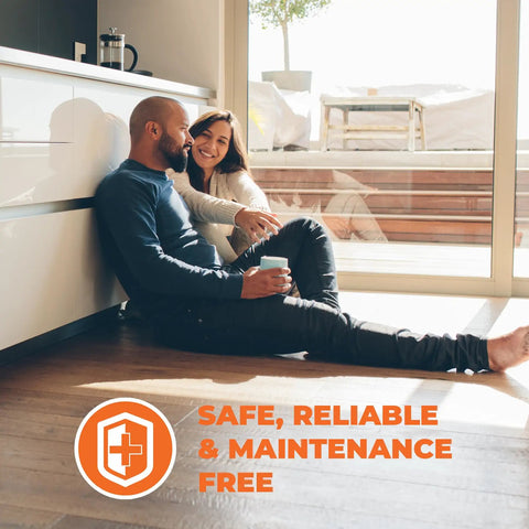 Couple enjoying warm home on brown floor with text 'Safe, Reliable & Maintenance Free' about Radiant Floor Heating Mat For Floating Floors 1.5x10 Ft Cuttable 240V Easy Install For Laminate, Wood, And Luxury Vinyl Plank No Mess, No Fuss Underfoot Comfort Keeps Your Home Warm