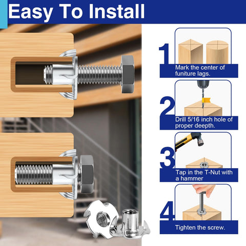 Installation guide for 50 Pack 5/16-18 T Nuts For Wood Zinc Plated Carbon Steel 4 Prong Tee Nuts with step-by-step instructions.