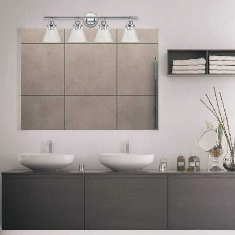 Dope Vintage Modern Chrome Vanity Light Fixture With Four Lights And Glass Shades Fully Dimmable Bulbs Not Included bathroom setup