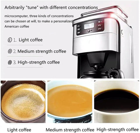 Bean To Cup Filter Coffee Maker With Grinder 0.6 L Stainless Steel Drip Coffee Machine shown with brew strength options.