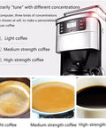 Top Shelf Stainless Steel Drip Coffee Maker, With 24 Hour Programmable Timer, showing light, medium, and high-strength coffee.
