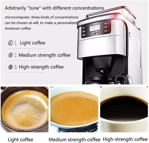 Top Shelf Stainless Steel Drip Coffee Maker, With 24 Hour Programmable Timer, showing light, medium, and high-strength coffee.