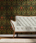 Fresh Retro Botanical Wallpaper With Dope Blue And Gold Metallic Finish Eco Friendly Top Shelf Type I Wallcovering bold design with tufted white couch.