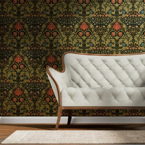 Fresh Retro Botanical Wallpaper With Dope Blue And Gold Metallic Finish Eco Friendly Top Shelf Type I Wallcovering bold design with tufted white couch.
