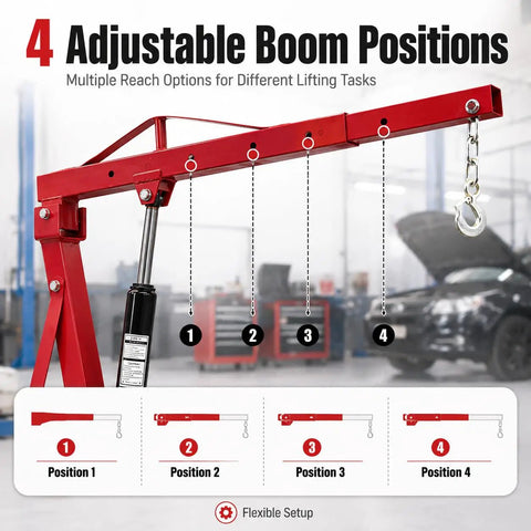 4 adjustable boom positions on Built Tough 2 Ton Hydraulic Engine Hoist for versatile lifting tasks in garage setups.