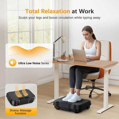 Woman using Vibration Plate Exercise Machine for Home Workouts No Gym Needed Platform With 250 Speeds And 500 Lb Capacity under desk