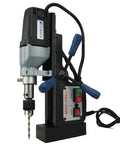 Badass Magnetic Drill With Integrated Knock Out Mode For Serious Construction Grinds Uses Standard Three Quarter Incher Weldon Shank Bit close-up view of motor and controls.