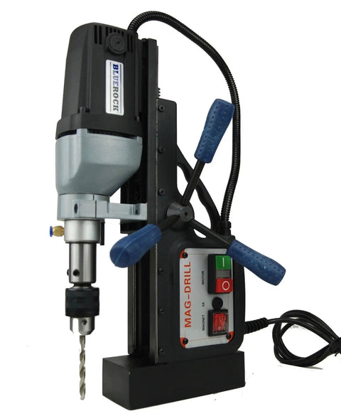 Badass Magnetic Drill With Integrated Knock Out Mode For Serious Construction Grinds Uses Standard Three Quarter Incher Weldon Shank Bit close-up view of motor and controls.