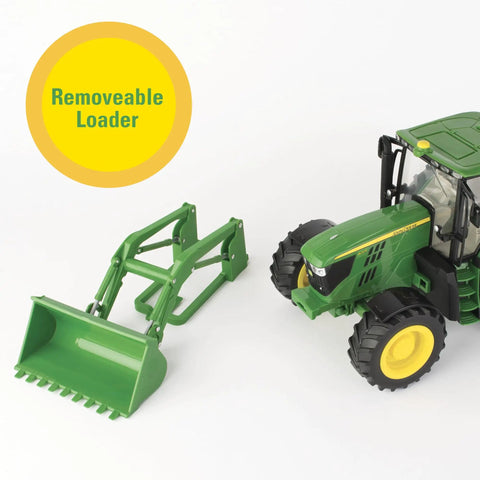 1/16 Scale Big Farm 6210R Tractor With Loader And Spreader Toy Set showing removable green loader attachment
