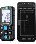 Pro Grade Laser Measure With App Connectivity, 229ft Range 70m, LCD Backlit Display, IP54 Waterproof next to smartphone showing floor plan