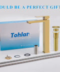 Brushed Gold Sleek Vessel Sink Faucet Tall Single Handle 1 Hole Water Saving Aerated Spout 304 Stainless Steel Bathroom Vanity Faucet With Water Supply Hose And Pop Up Drain shown with parts and packaging.