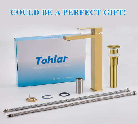 Brushed Gold Sleek Vessel Sink Faucet Tall Single Handle 1 Hole Water Saving Aerated Spout 304 Stainless Steel Bathroom Vanity Faucet With Water Supply Hose And Pop Up Drain shown with parts and packaging.