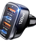 Rolling With A Heavy Duty 120W Car Charger That Keeps All Your Gadgets Juiced With Blazing Fast Power Through Four Usb Ports.