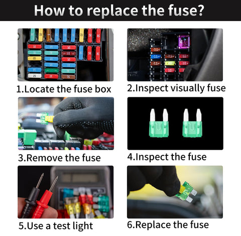 How to replace mini blade fuses in six steps, showcasing visually inspected, removed, and replaced fuses. Prime Choice Mini Blade Fuse Assortment Kit Arrives Loaded With A Sturdy Puller And Packs 100 Badass Auto Car Fuses Covering 3 To 40 Amps To Keep Your Rig Rolling Smooth Across Every Haul.
