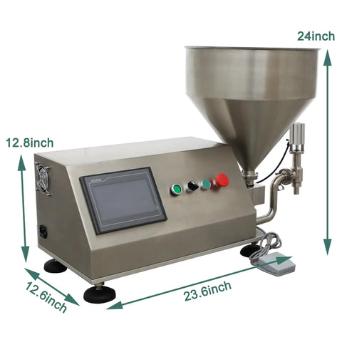 Straight Up Heavy Duty Single Head Liquid and Paste Bottle Filling Machine Built for Zero Sweat Operations With a Rock Solid Pneumatic Gear Pump and 20mm Nozzle for Honey Jam Syrup Drinks with a stainless steel 30L hopper.