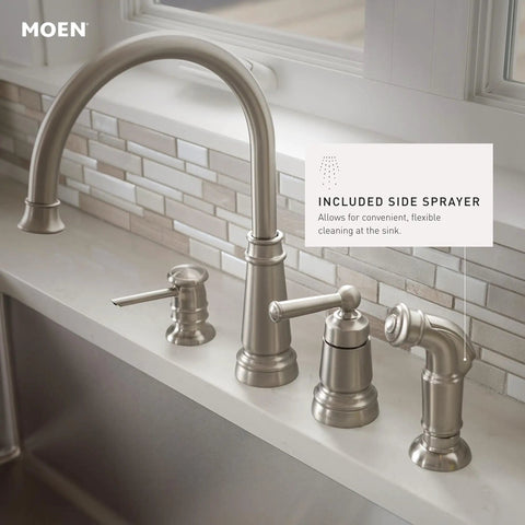 Edison One-Handle High Arc Kitchen Faucet With Side Sprayer And Soap Dispenser, 4-Hole Mount, Spot Resist Stainless Finish