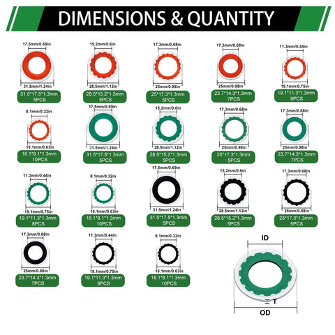120 Piece AC Compressor Seal Washer Kit With 18 Sizes And Three Colors Red Green Black illustration of washer sizes