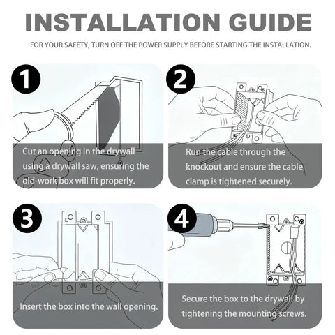 Installation guide for 1 Gang Old Work Electrical Box For Remodeling UL Listed PVC Junction Box And Outlet Box 14 Cu In Capacity 2 Hour Fire Rated Durable PVC Construction Ideal For Recessed Install 6 Pack