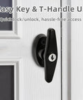 All In One Shed Door Latch Kit With T Handle Lock And Five Keys, shown installed on white shed door for heavy duty security