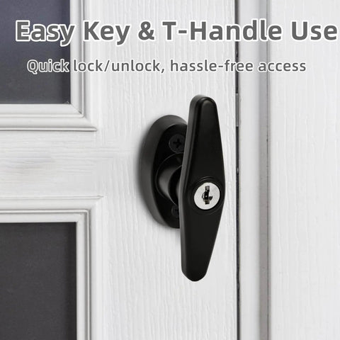 All In One Shed Door Latch Kit With T Handle Lock And Five Keys, shown installed on white shed door for heavy duty security